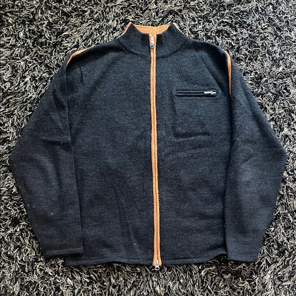 Neve Men's large wool Charcoal and Orange Zip-Up Sweater